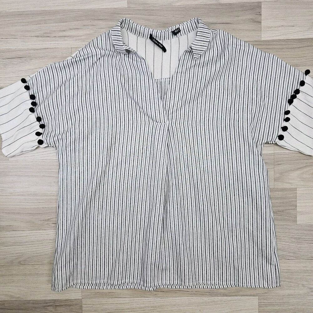 DOE & RAE Women White Black Stripe Cotton Pom Pom Blouse Size Medium